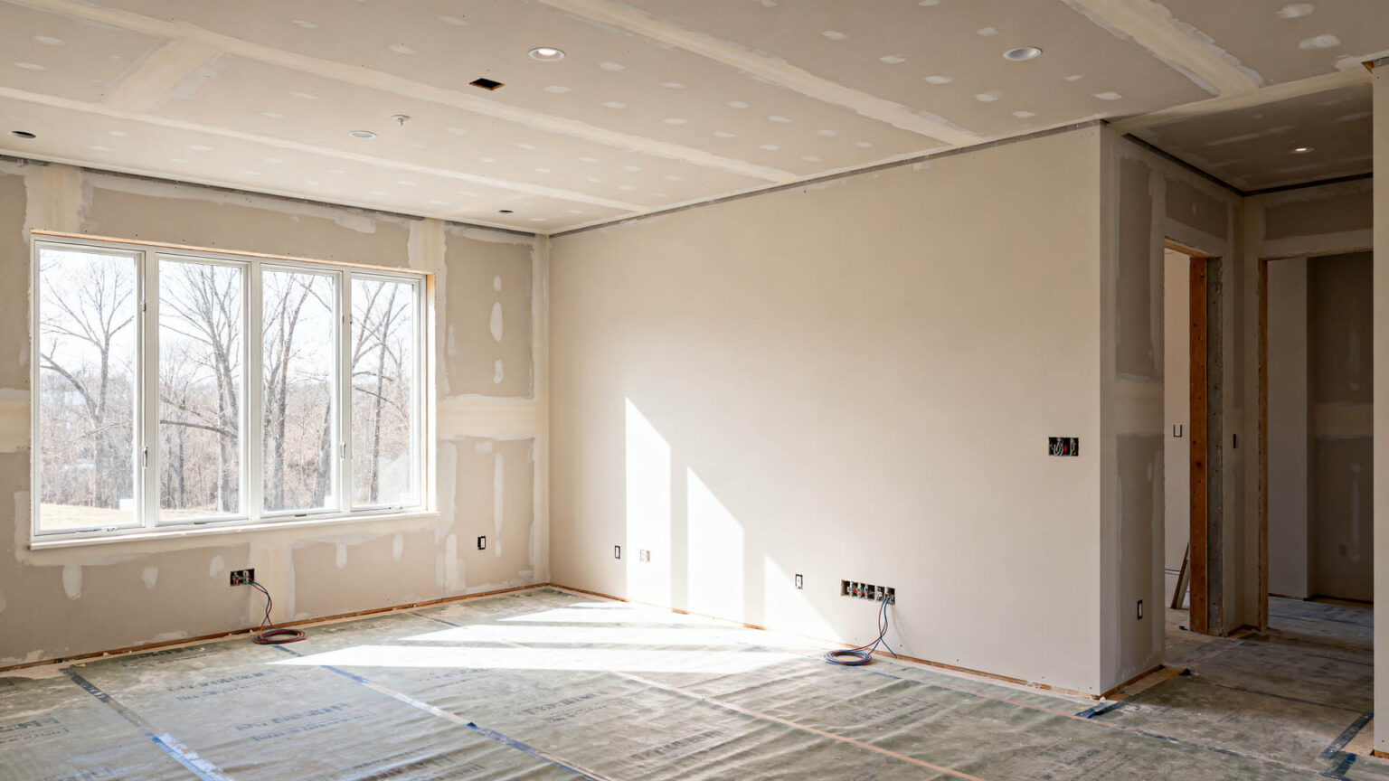 Interior of a new house under construction, showing unfinished w