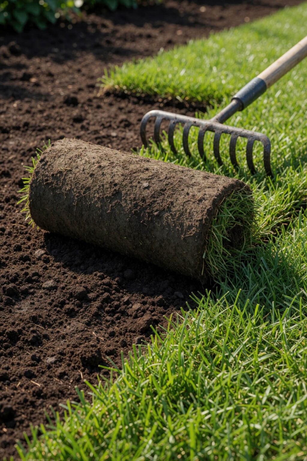 Green grass sod roll lies on fresh dark soil during lawn installation. Metal garden rake rests near turf patch on backyard ground. Worker prepares yard area, for spring planting. Landscaping process